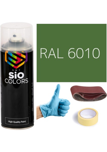 Akrilik Sprey Boya Yeşil RAL-6010 Boya Seti 400ML +Zımpara+Kağıt Bant+Eldiven