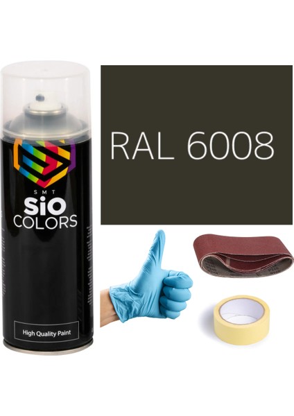 Akrilik Sprey Boya Yeşil RAL-6008 Boya Seti 400ML +Zımpara+Kağıt Bant+Eldiven