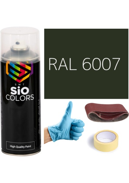 Akrilik Sprey Boya Yeşil RAL-6007 Boya Seti 400ML +Zımpara+Kağıt Bant+Eldiven