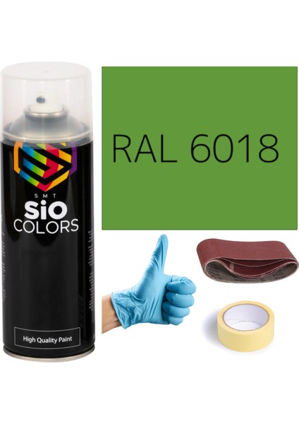 Akrilik Sprey Boya Yeşil RAL-6018 Boya Seti 400ML +Zımpara+Kağıt Bant+Eldiven