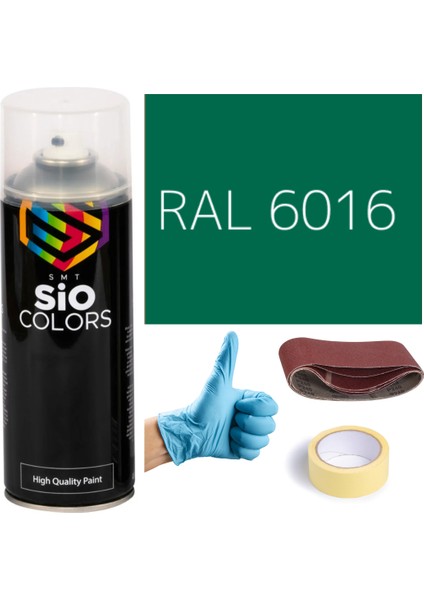 Akrilik Sprey Boya Yeşil RAL-6016 Boya Seti 400ML +Zımpara+Kağıt Bant+Eldiven