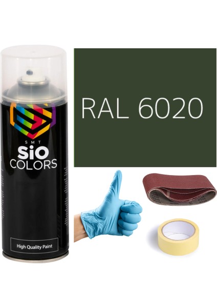 Akrilik Sprey Boya Yeşil RAL-6020 Boya Seti 400ML +Zımpara+Kağıt Bant+Eldiven
