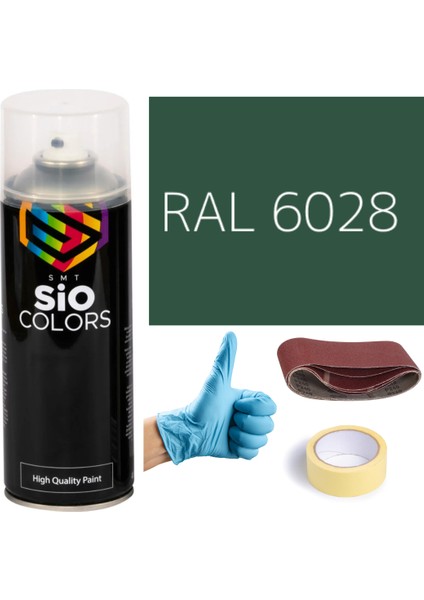Akrilik Sprey Boya Yeşil RAL-6028 Boya Seti 400ML +Zımpara+Kağıt Bant+Eldiven