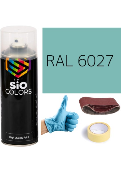 Akrilik Sprey Boya Yeşil RAL-6027 Boya Seti 400ML +Zımpara+Kağıt Bant+Eldiven