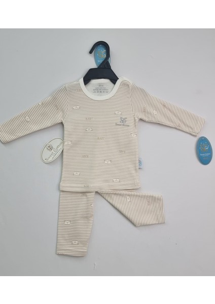 Bebek 3'lü Yumuşacık Pamuklu Çizgili Desenli Pijama Setleri Bej