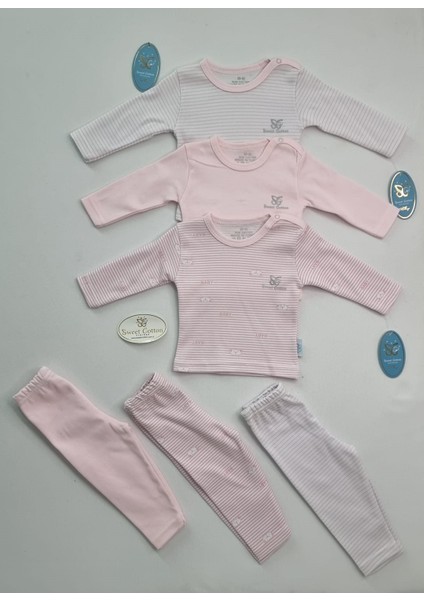 Bebek 3'lü Yumuşacık Pamuklu Çizgili Desenli Pijama Setleri Pembe