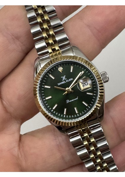 Pırlantalı Özel Diamond Serisi Gold Kasa Yeşil Kadran Danıel Kleın DKE.1.10742 Sertifikalı Kadın Kol Saati