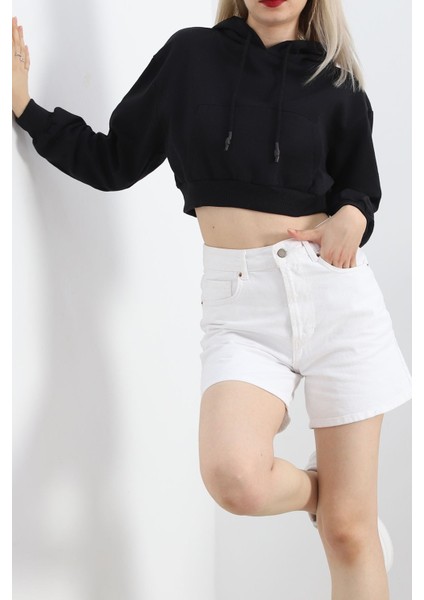 Şardonlu Oversize Crop Sweat Siyah