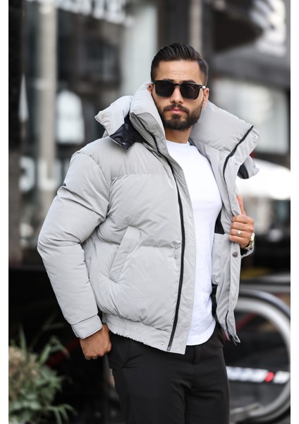 Erkek Dik Yaka Krem Kapüşonlu Mont modelleri