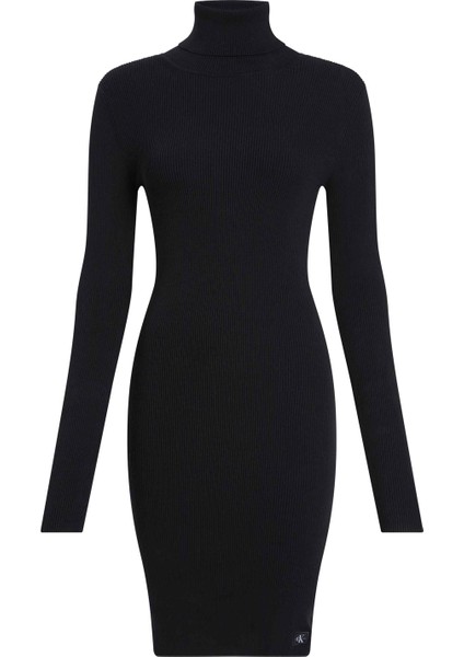 Balıkçı Yaka Düz Siyah Kısa Kadın Elbise Woven Label Tıght Sweater Dress