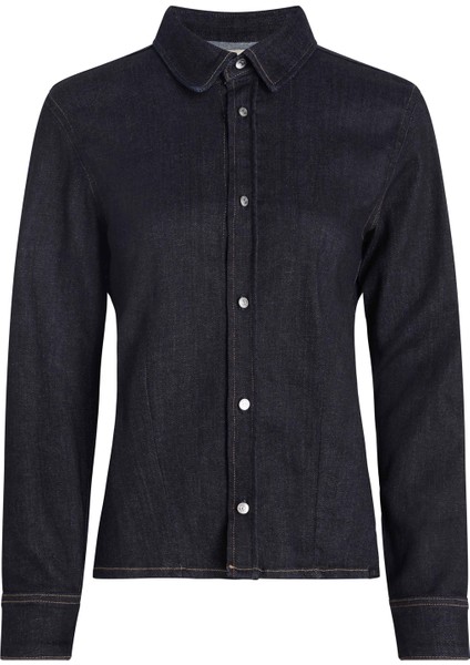 Regular Straight Gömlek Yaka Düz Koyu Lacivert Kadın Denim Gömlek Long Sleeve Lean Denım Shırt