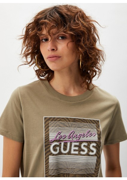 Bisiklet Yaka Desenli Haki Kadın T-Shirt Ss Cn Boxy Logo Tee - Mıd Organıc S modelleri