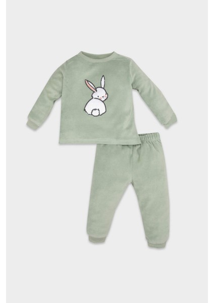 Kız Bebek Pijama Takımı Tavşan Baskılı Velur Uzun Kollu Üst Beli Lastikli Uzun Alt D5381A524WN