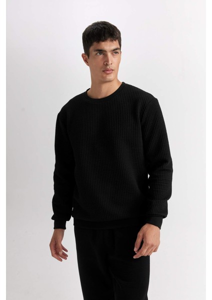 Siyah Regular Fit Bisiklet Yaka Jakarlı Sweatshirt D5392AX24AU