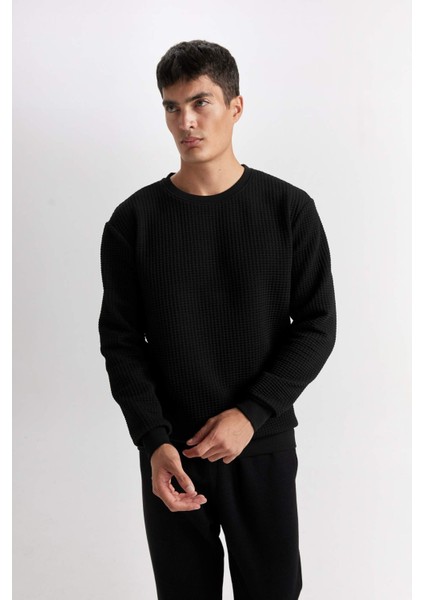Siyah Regular Fit Bisiklet Yaka Jakarlı Sweatshirt D5392AX24AU