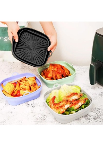 Katlanabilir Silikon Yanmaz - Yıkanabilir Kare Airfryer Kalıbı 21 cm