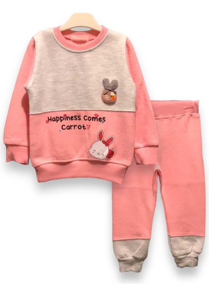 Bisiklet Yaka Kız Bebek Tavşan Figürlü Swearshirt / Eşofman Takımı