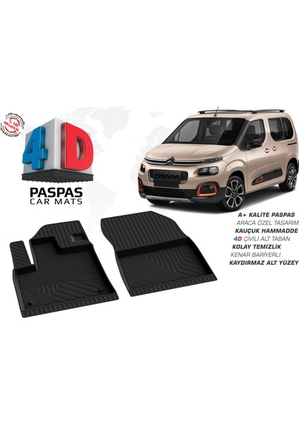 3K Store Citroen Berlingo 3 Ön 2 Parça 4d Havuzlu Kauçuk Paspas 2019 ve Üstü