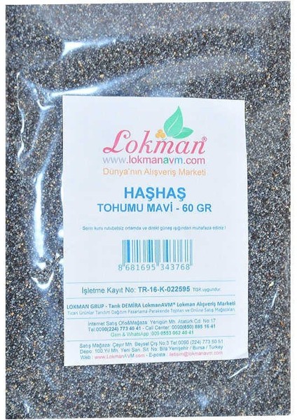 Haşhaş Tohumu Tane Doğal Mavi 60 gr Paket