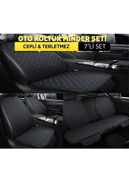 Araba Terletmez Ergonomik Koltuk Minderi (7 Parça) - 5 Koltuk Tam Set Siyah Mavi