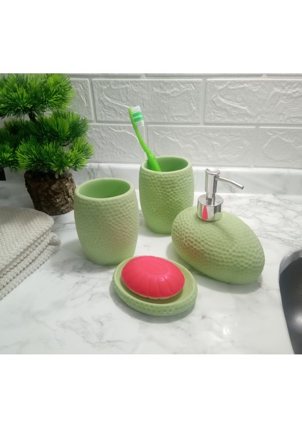 Yeşil Petek Desenli 4 Lü Banyo Aksesuarı