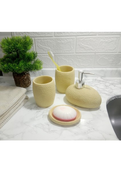 Sarı Petek Desenli 4 Lü Banyo Aksesuarı