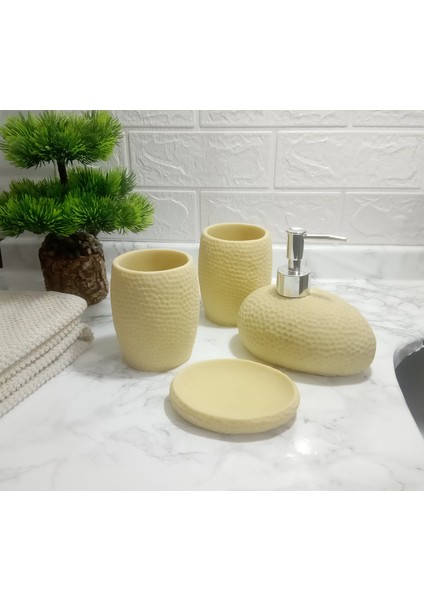 Sarı Petek Desenli 4 Lü Banyo Aksesuarı