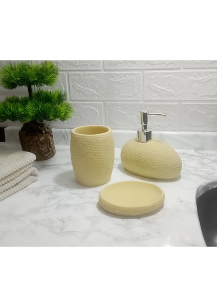 Sarı Petek Desenli 3 lü Banyo Seti