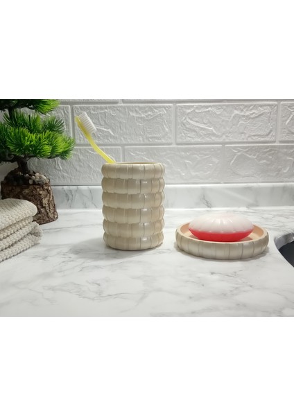 2'li Banyo Seti Krem Örgü Poliresin Model