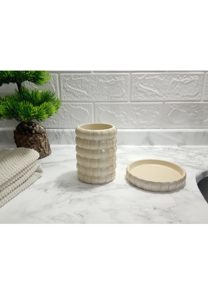 2'li Banyo Seti Krem Örgü Poliresin Model