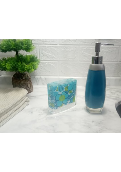 Sıvı Sabunluk Diş Fırçalık 2'li Banyo Seti Gri Mavi ve Çiçekli