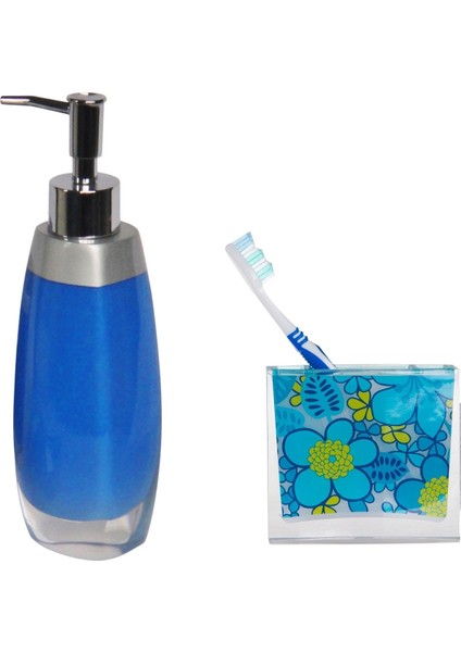 Sıvı Sabunluk Diş Fırçalık 2'li Banyo Seti Gri Mavi ve Çiçekli