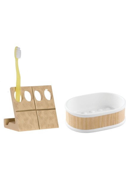 Diş Fırçalık,Sabunluk 2 Li Banyo Seti,Altın Ve Ahşap Tasarım