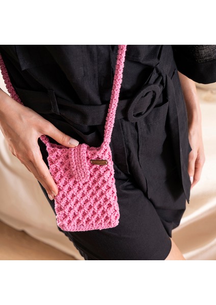 Pembe El Örgüsü Cep Telefonu Çantası-El Örgüsü Pembe Çapraz Çanta-El Örgüsü Pembe Mini Cüzdan Çanta