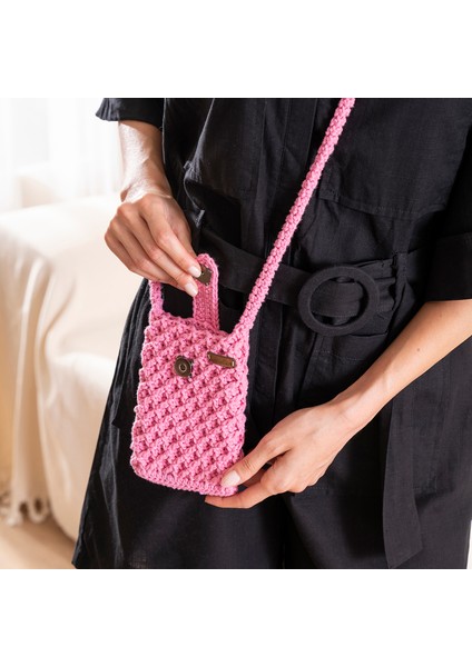 Pembe El Örgüsü Cep Telefonu Çantası-El Örgüsü Pembe Çapraz Çanta-El Örgüsü Pembe Mini Cüzdan Çanta