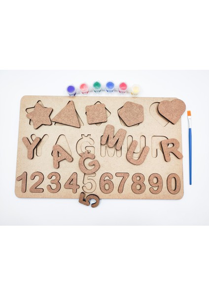 Isme Özel Ahşap Boyanabilir Puzzle Sayılar ve Şekiller