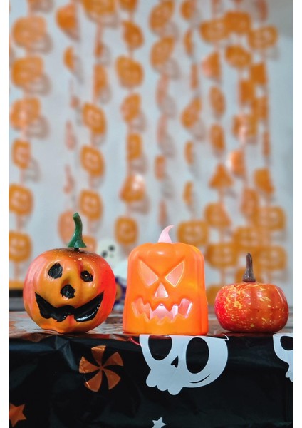 Halloween 3 Lü Bal Kabağı Süs Seti Işıklı Balkabağı Mum Gülen Balkabağı Figür ve Küçük Balkabağı Figür