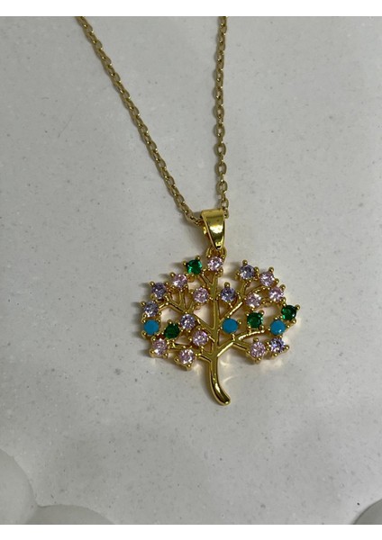 Çelik Renkli Hayat Ağacı Model Taşlı Gold Zincir Kararmaz Çelik Kolye