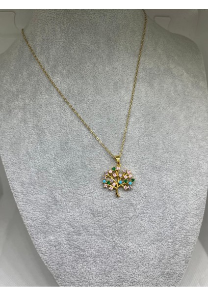 Çelik Renkli Hayat Ağacı Model Taşlı Gold Zincir Kararmaz Çelik Kolye modelleri