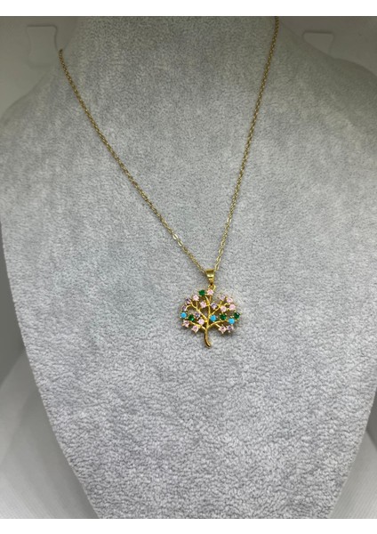 Çelik Renkli Hayat Ağacı Model Taşlı Gold Zincir Kararmaz Çelik Kolye indirimleri
