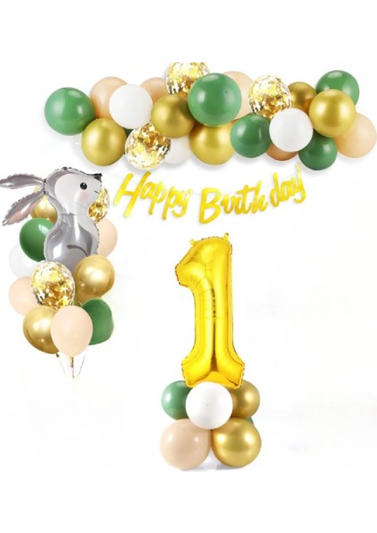 Sevimli Tavşan Folyo Balonlu Gold Yaş Balonlu Doğum Günü Parti Seti Süsü