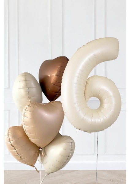 Retro Krem Yaş Balonlu Karamel Kahve Kalpli Retro Doğum Günü Yaş Balon Seti
