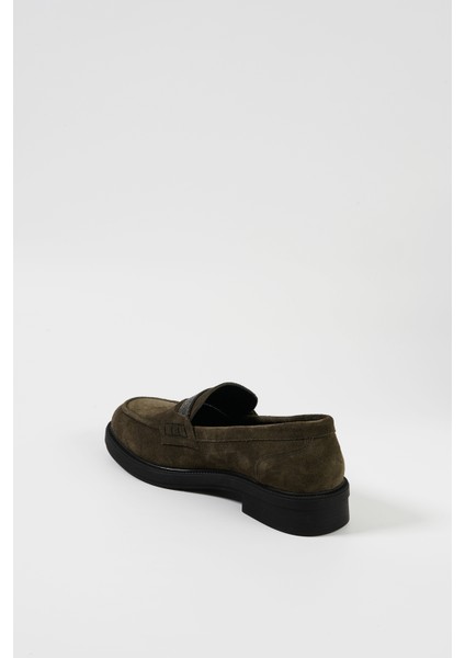 Haki Süet Deri Kadın Loafer Ayakkabı