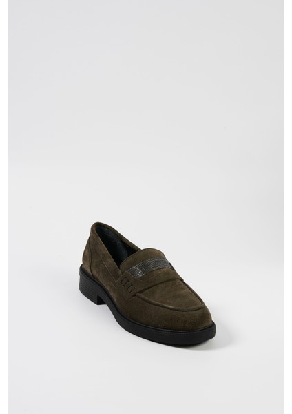 Haki Süet Deri Kadın Loafer Ayakkabı