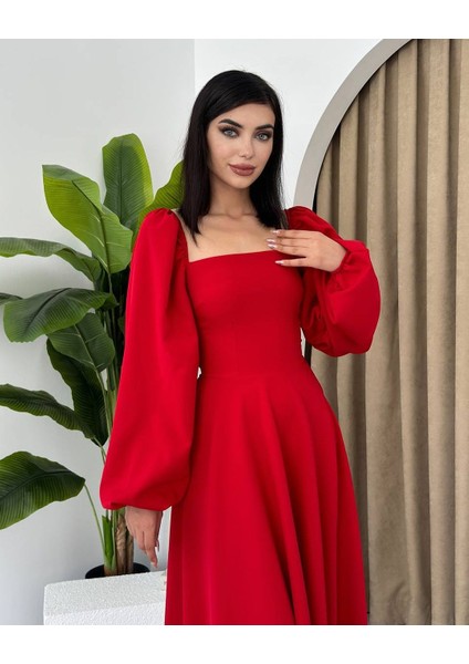 Zishan Fashion Prenses Kesim Balon Kol Kare Yaka Midi Boy Kadın Elbise 011