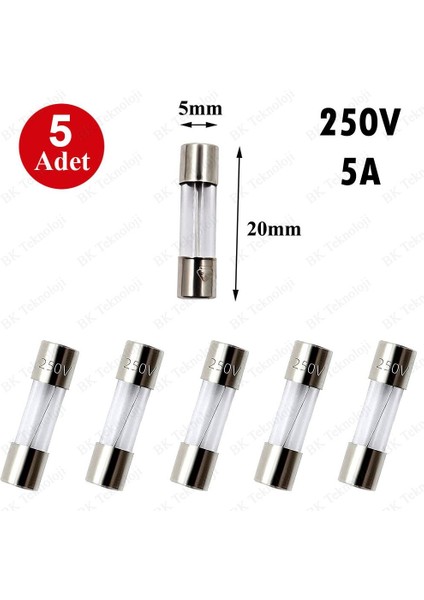 5A 250V 5X20MM Cam Sigorta 5 Adet