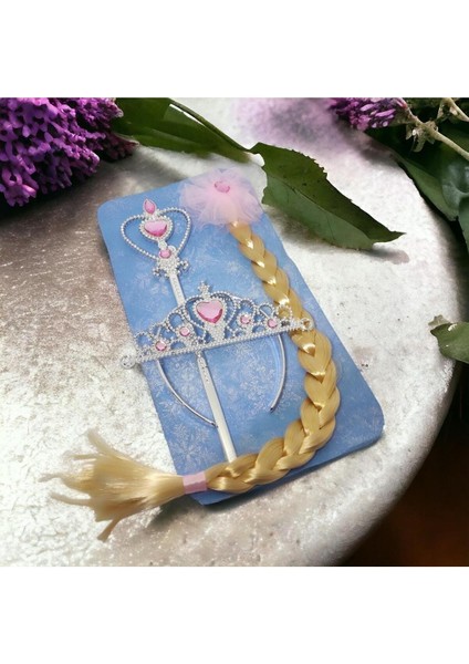 Misotrend Elsa Karlar Ülkesi Pembe Uzun Örgü Saç Tokası Asa ve Tacı Pembe Set Kalpli Elsa Seti