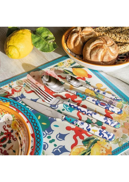 Flower Lemon 24 Parça Çatal Kaşık Bıçak Takımı Mavi