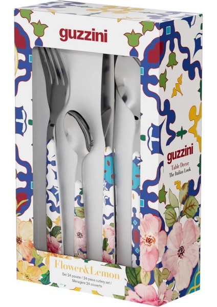 Flower Lemon 24 Parça Çatal Kaşık Bıçak Takımı Mavi