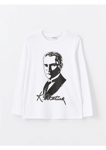 Bisiklet Yaka Atatürk Baskılı Uzun Kollu Erkek Çocuk Tişört